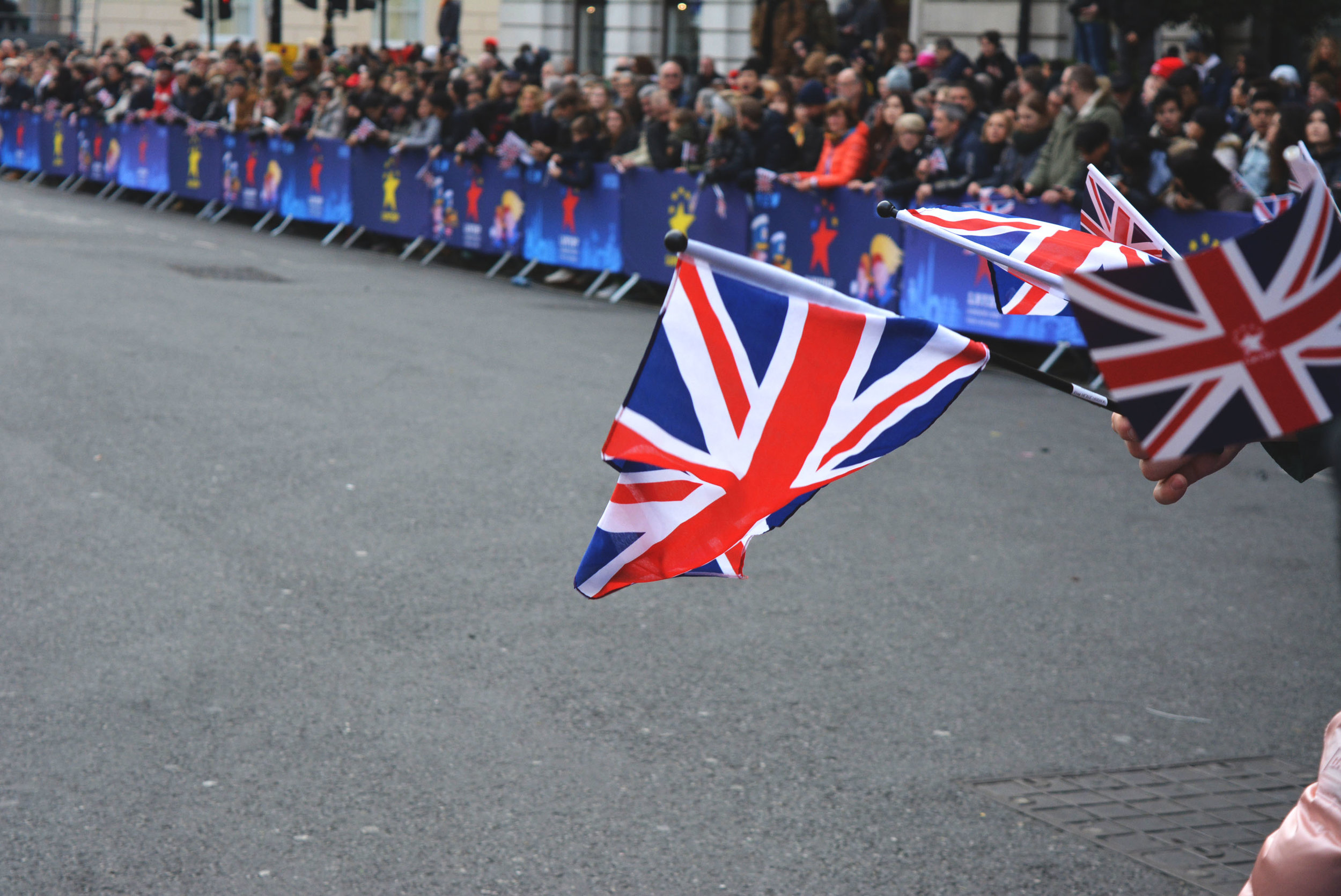 UK flag, New year parade, streets on London