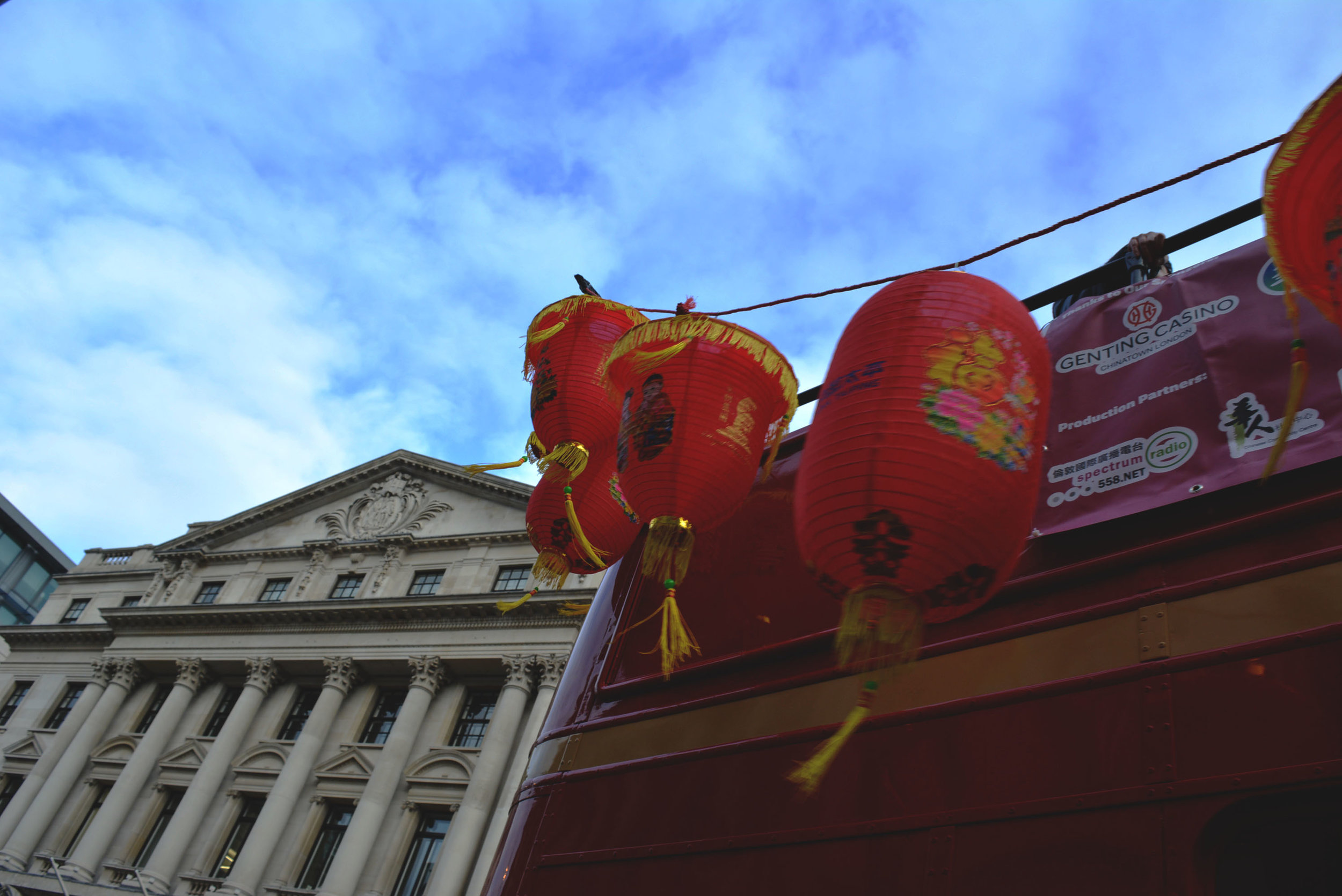 Chinese characters, Blue London sky, New year Parade 
