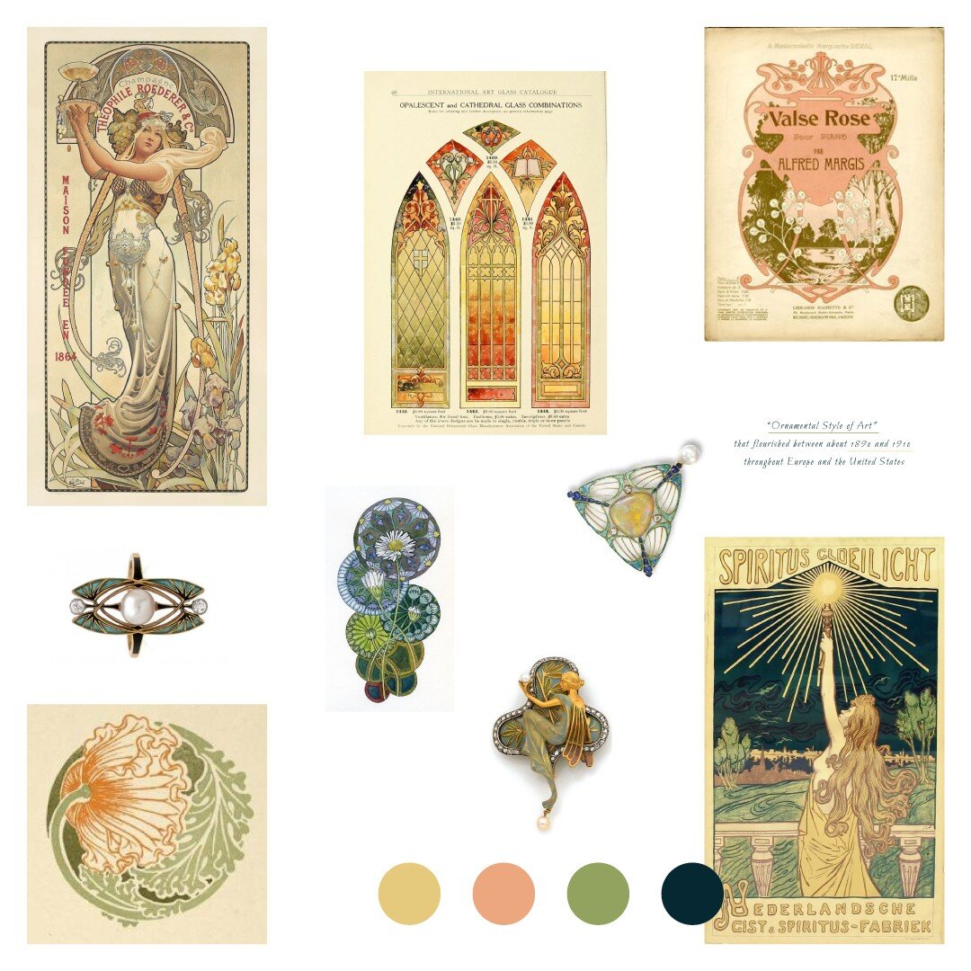 Art Nouveau inspired #moodboard 
&ldquo;Ornamental Style of Art&rdquo; that flourished between about 1890 and 1910 throughout Europe and the United States.
.
.
.
Images &copy;Pinterest

❤️Like + 👆Follow
♻️Save for later + 💬Comment

www.anniehazel.c