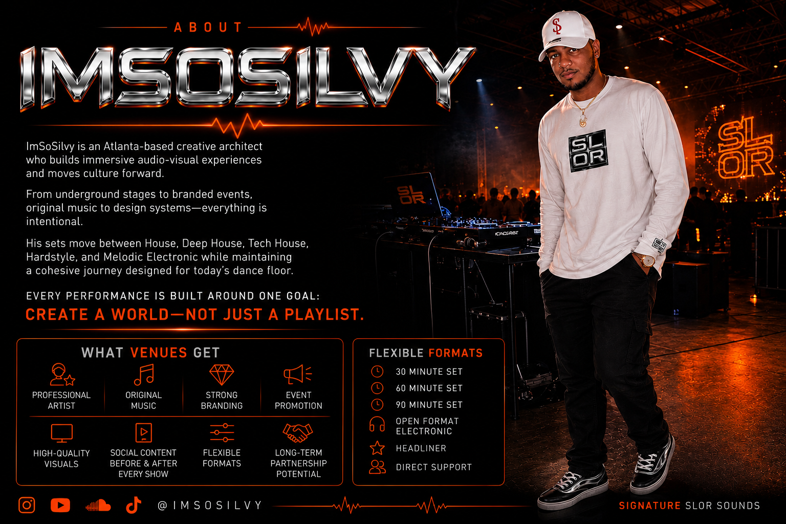 Poster introducing ImSoSilvY, an Atlanta-based creative architect specializing in immersive audio-visual experiences and electronic music events, featuring a man in casual attire with DJ equipment in the background, with bold text highlighting key aspects of his work.