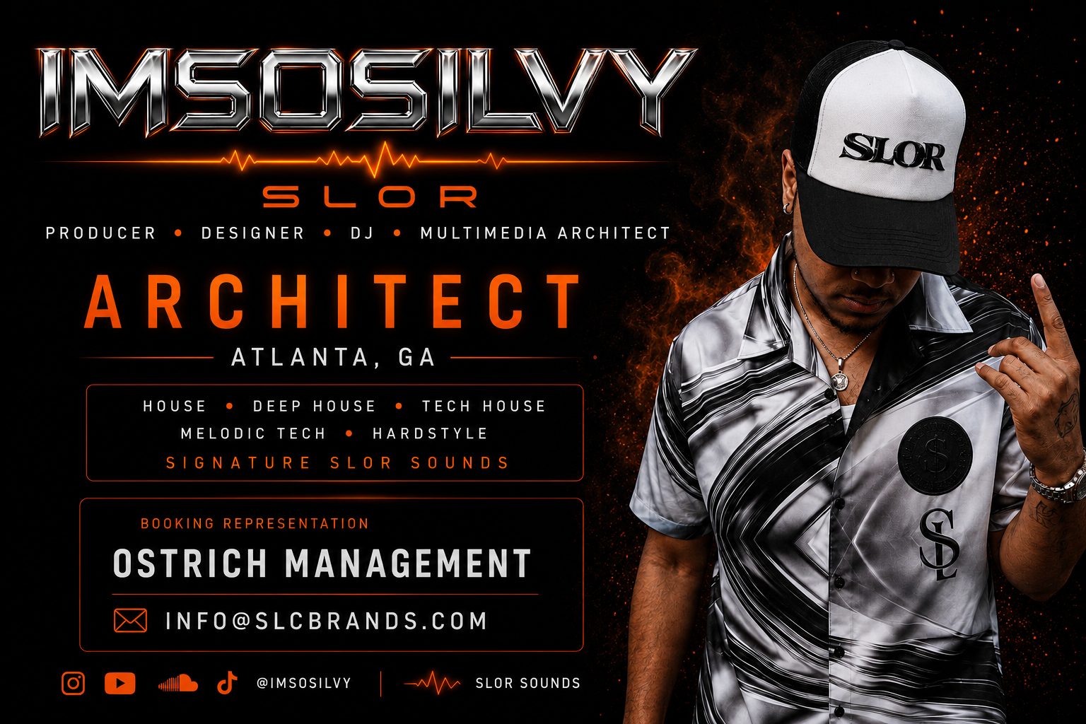 Digital promotional poster for IMSOSILVY, a music producer and architect from Atlanta, Georgia, featuring a young man in a black and white patterned shirt and cap with 'SLOR' written on it. The poster highlights music genres like house, deep house, tech house, melodic tech, and hardstyle, with a focus on signature SLOR sounds. Contact information and social media icons are included.