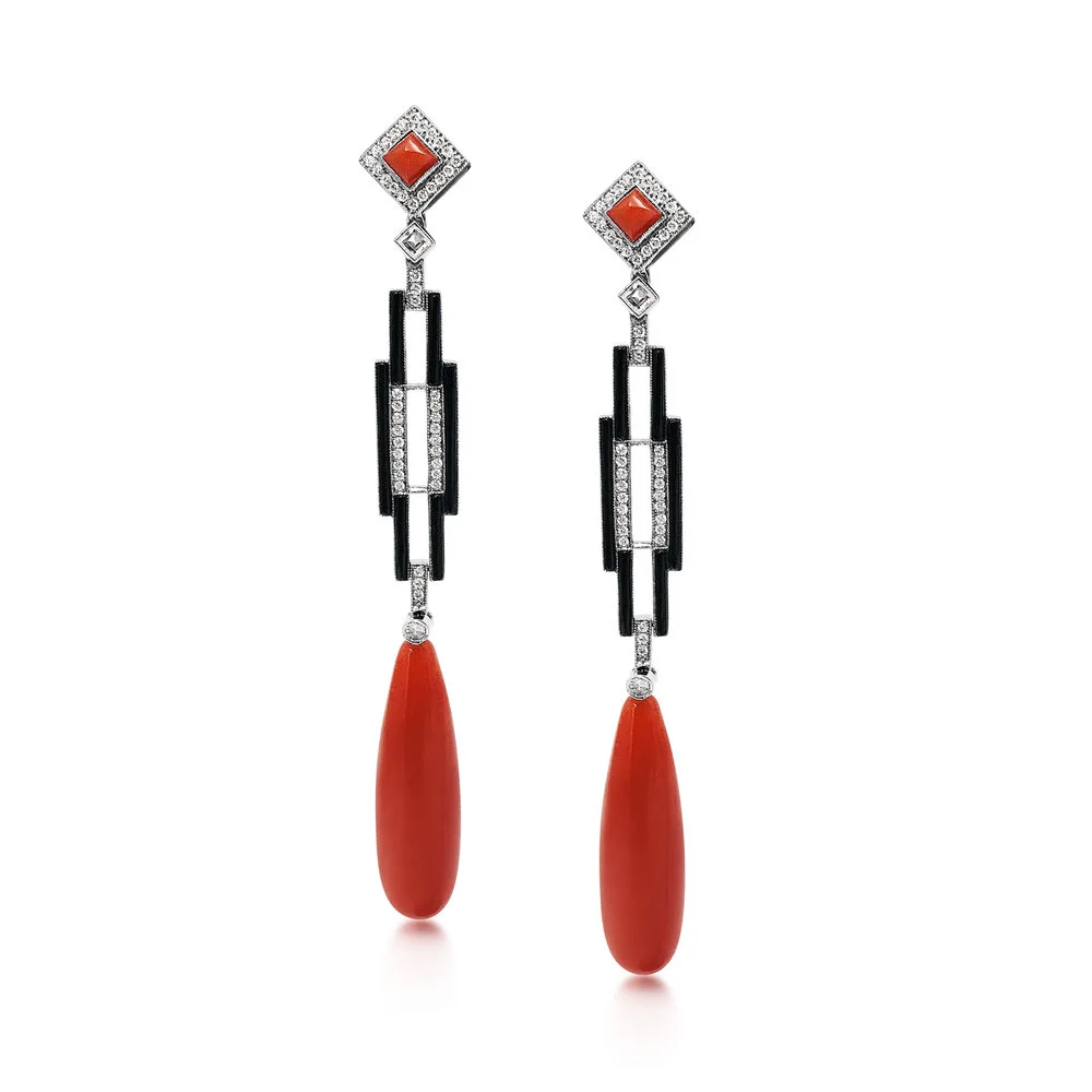A PAIR OF CORAL, ONYX AND DIAMOND EARRINGS 
