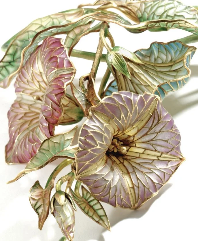 The Rehan Jewel. An 18 Karat Gold, Plique-a-jour Enamel Pendant Brooch and Chain, by Marcus & Co., circa 1900 A Gold, Opal and Enamel Sautoir. The drop-shaped black opal measuring approximately 16.0 by 5.1 mm, within a frame of gold irises accented by green enamel, extending to an openwork design of irises on the reverse, suspended from a multi-strand gold foxtail-link chain with a pendant element, slide bead and clasp decorated with blue and green enamel, signed M&Co., circa 1900