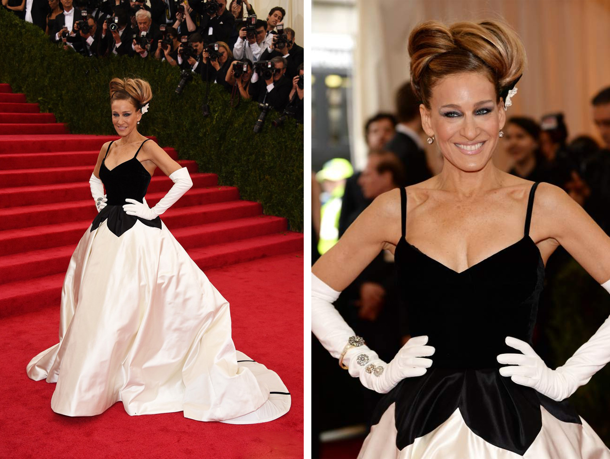 Sarah Jessica Parker in an Oscar de la Renta ivory duchess satin and black velvet gown with exposed crinoline dress. Diamond drop earrings, approx. 4 carats each, by Fred Leighton, circa 19th century; diamond and white enamel bracelet in gold, circa 19th century and diamond and pearl circular brooches.