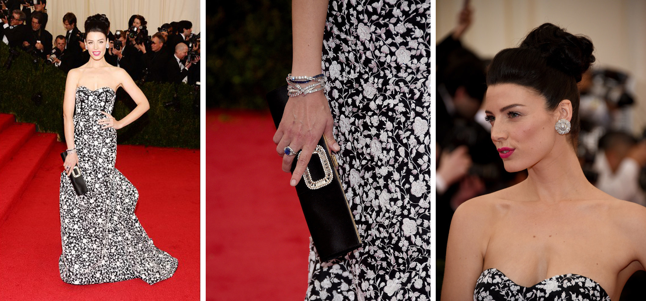 Jessica Pare in a Michael Kors custom strapless black silk wool shantung bustle gown with white floral threadwork and sequin embroidery and black sandals. Diamond flower earrings in platinum by Fred Leighton, circa 1950’s; a diamond bombe swirl cocktail ring in platinum, sapphire, circa mid-century; a diamond ring in platinum circa 1950; a sapphire and diamond cross over bracelet in platinum, circa 1930 and a diamond wave bracelet in platinum, circa 1950’s.