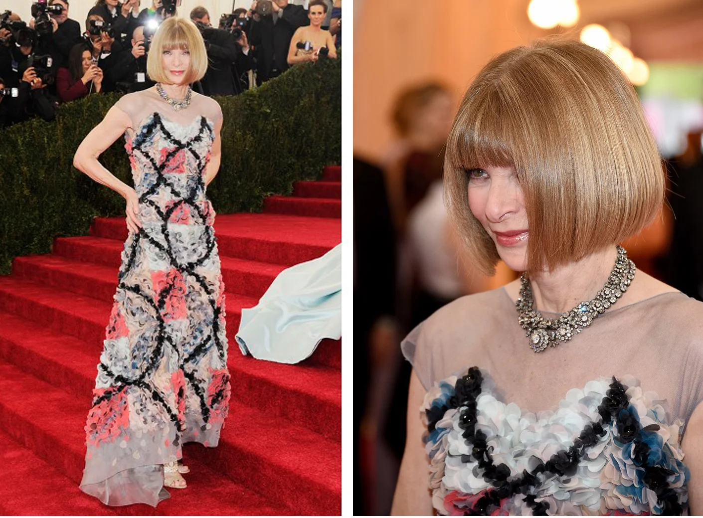 Anna Wintour in a Chanel Couture dress and a diamond floral necklace, circa 19th century.
