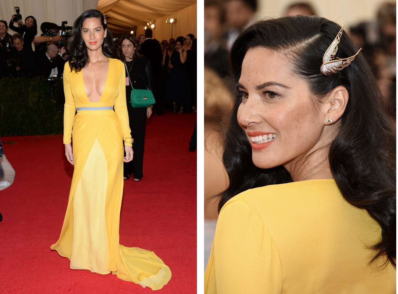 Olivia Munn in a daffodil yellow dress by Diane Von Furstenberg. Diamond and gold wing brooch worn in hair, by Fred Leighton, circa 1940s; round brilliant diamond studs in yellow gold, approximately 3 carats each; by Fred Leighton; citrine and sapphire bracelet in gold, by Fred Leighton, circa 1940s and sapphire and diamond fan ring in gold, by Fred Leighton, circa 1940s.