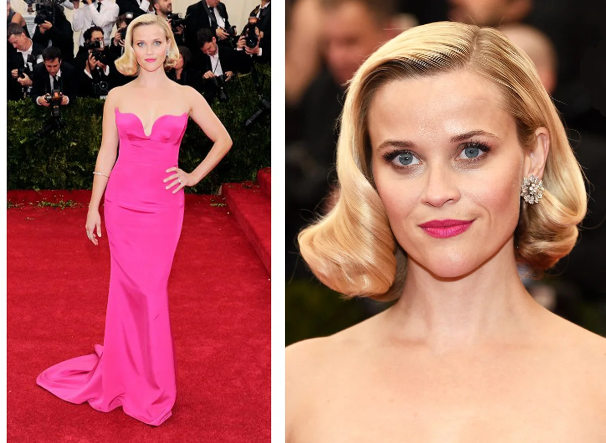 Reese Witherspoon in a Stella McCartney hot pink strapless gown. Diamond floral cluster earrings in platinum, by Fred Leighton, circa 1950s; a diamond arm bangle, circa 19th century and an old mine diamond cluster ring.