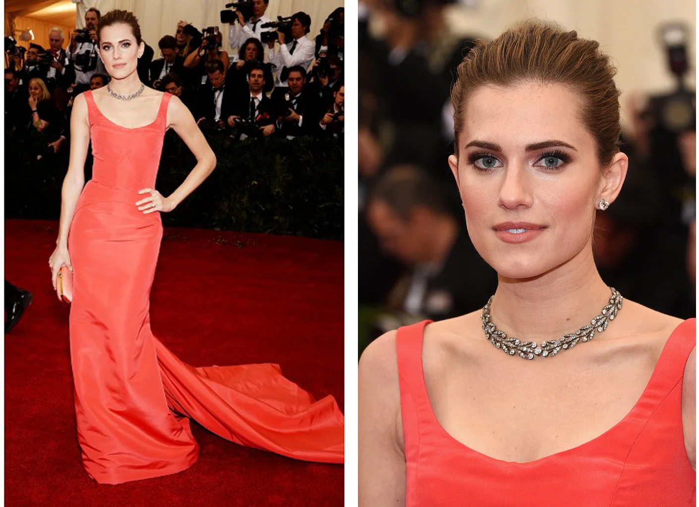 Allison Williams in an Oscar de la Renta coral silk faille gown and coral silk Goa clutch. A diamond laurel leaf necklace, by Fred Leighton, circa 19th century; round brilliant diamond studs, approx. 4 carats each; and a pair of diamond flower brooches worn in the hair, circa 19th century.