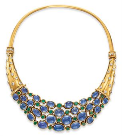    A Sapphire, Diamond, Emerald and Gold “Cornucopia” Necklace, by Rene Boivin, circa 1938   