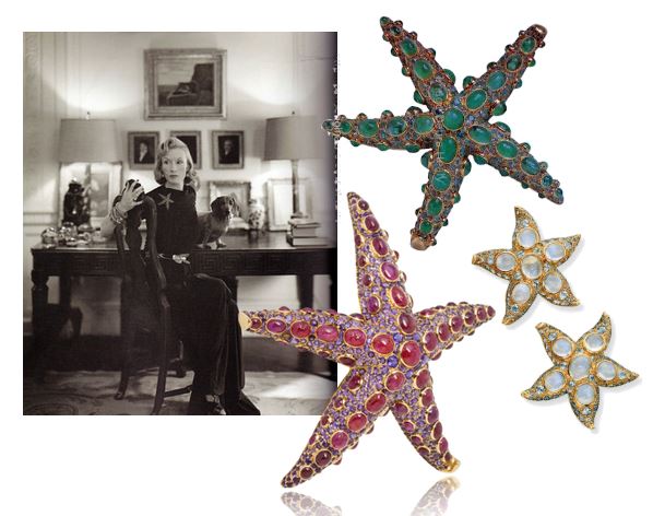    Standard Oil heiress Millicent Rogers wearing the René Boivin Starfish and photographed at her home.      A Cabochon Ruby and Amethyst “Starfish” Brooch by Boivin, circa 1939; Sapphire &amp; Moonstone Starfish Ear Clips, by René Boivin; “Starfish”