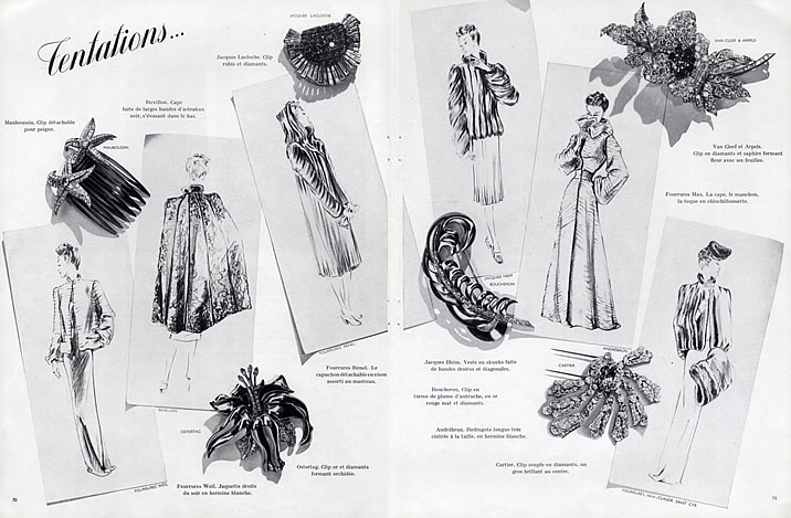 A magazine page from 1938, showing clips from the various jewellery houses. Ostertag, Cartier, Boucheron, Mauboussin, Van Cleef & Arpels, and LaCloche.