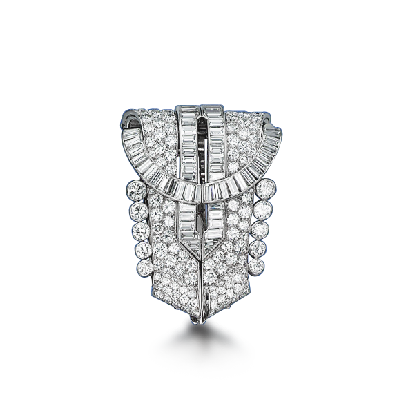 An Art Deco Diamond Double Clip Brooch, by Ostertag, 1930s (Available at Revival Jewels).