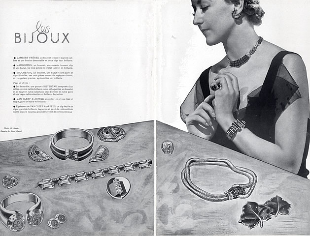 A 1936 magazine spread of jewels from Ostertag, Van Cleef & Arpels, Mauboussin, Lambert and Boucheron.