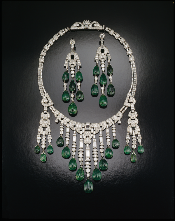    Emerald and Diamond Necklace, by Ostertag, circa 1930. Set with carved emeralds and diamonds in platinum.   