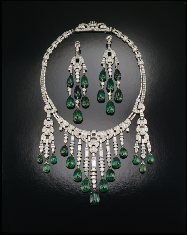 Emerald and Diamond Necklace, by Ostertag, circa 1930. Set with carved emeralds and diamonds in platinum.