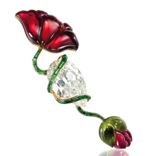    A Diamond, Pink and Green Tourmaline Poppy Flower Brooch, by JAR, 1982, (Formerly from the Lily Safra Collection).   