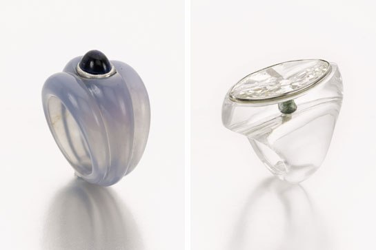 From left: A Carved Chalcedony Ring Set with a Cabochon-Cut Sapphire; A Rock Crystal and Diamond Ring.
