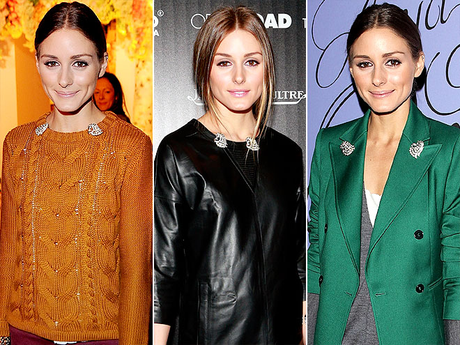    Above: Olivia Palermo styles her double clip brooches seamlessly with modern, casual outfits.&nbsp;   