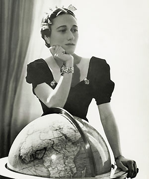    Wallis Simpson wearing dress clips on a square neckline.   