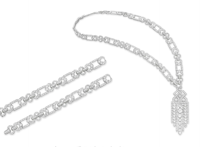Photo from www.christies.com An Art Deco Diamond Convertible Sautoir uspending a detachable old European and circular-cut diamond openwork tassel pendant of geometric motif, to the old European and circular-cut diamond open link neck chain, mounted in platinum, circa 1920, pendant may be worn as a brooch (with a platinum brooch fitting of later manufacture), neck chain may be worn as two bracelets or as a necklace of three different lengths, with French assay marks, in a brown leather fitted case.