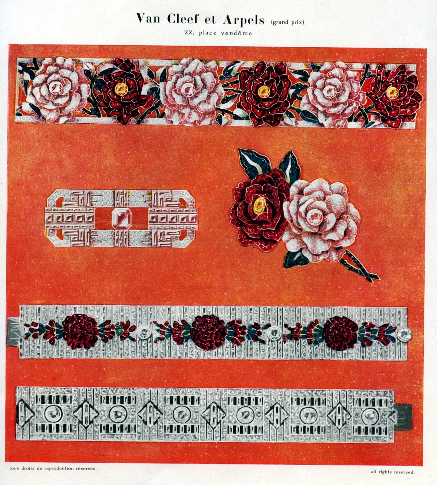 The "Roses" bracelet, which worn the grand price at the “Exposition Internationale des Arts Décoratifs et Industriels Modernes” in Paris, 1925. Manufactured by Frères Rubel in 1924. Image courtesy of vancleefarpels.com