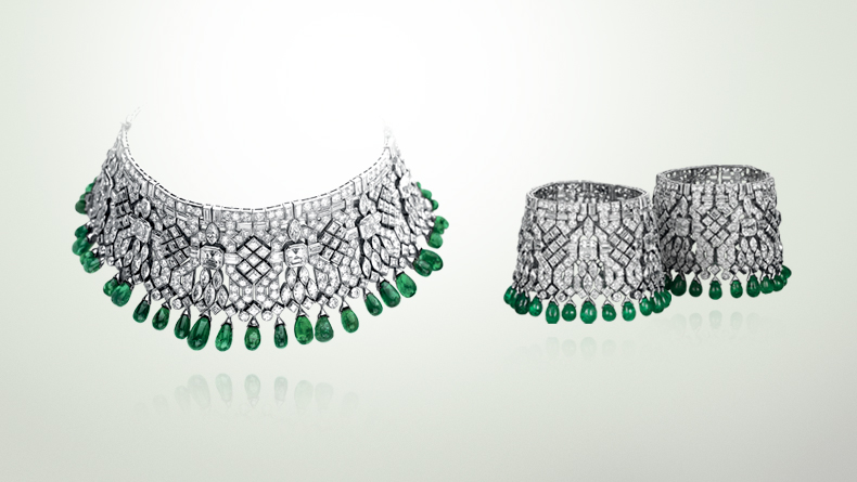 The Manchette Bracelets, created by Van Cleef & Arpels for Daisy Fellowes and manufactured by Frères Rubel, circa 1928. The stunning choker necklace, made out of emerald beads and diamonds, can be separated and worn as two separate cuffs. Image courtesy of jewelsdujour.com
