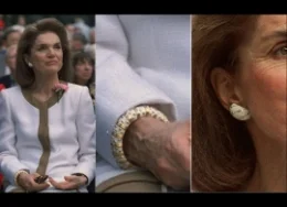 Jackie O wearing a Tiffany & Co. Schlumberger white enamel and yellow gold bangle and earrings.