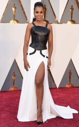 Kerry Washington went for a modern Amazonian look with a Versace leather bustier gown, injected with a dose of glamour with vintage 1963 three-row diamond hoop earrings and a 12.02-carat diamond platinum ring by Harry Winston.