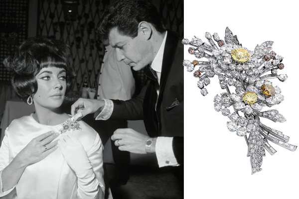 Presented to Elizabeth Taylor on her 30th birthday by then-husband Eddie Fisher, this Bulgari tremblant brooch features three diamond flower blossoms set with a 3.38-carat vivid fancy yellow diamond and two smaller brown diamonds. Sold at an Christie’s auction, the estimated price range for it was USD300,000–500,000 but it ultimately fetched USD1,142,500.