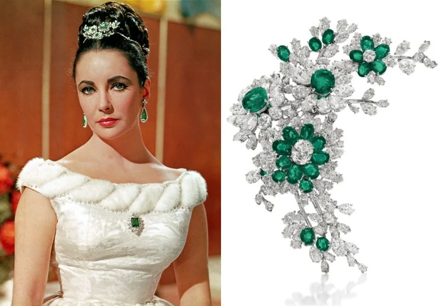 Another gift from Eddie Fisher to Elizabeth Taylor, this Bulgari diamond and emerald brooch was made in 1960. Mounted in platinum, this piece was regularly worn by the actress as a brooch and hair accessory.