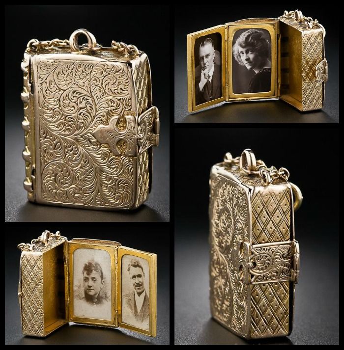 An engraved gold locket in the shape of a book dating back to the Victorian times.