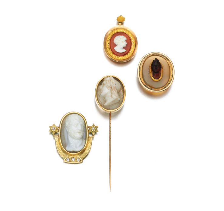 A collection of hardstone cameos, circa 1880, up for a recent auction at Sotheby’s.