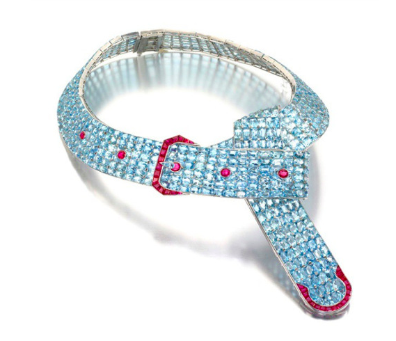 Verdura for Flato "Aquamarine and Ruby Belt Necklace", circa 1935. Originally created for Mrs Cole Porter. Verdura and Flato shared a similar aesthetics and because his designs were so well received, they were marketed as Verdura for Flato. In 1939, Verdura left to set up his own boutique. This necklace was offered by SIegelson's at the 2011 Basel World for $1.75 million.
