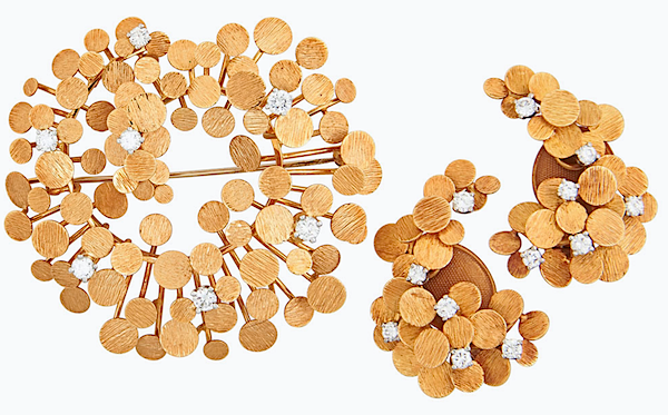 An 18K Yellow Gold and Diamond "Penny" Brooch and Ear Clips