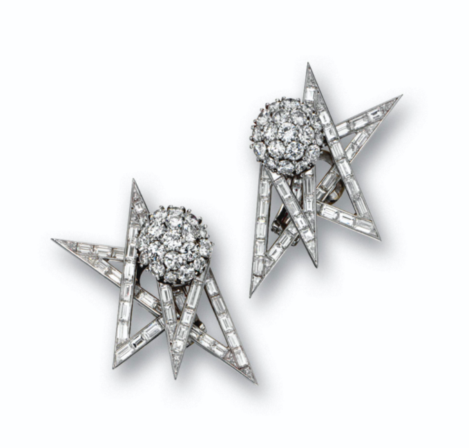 A Pair of Diamond and Cultured Pearl Earclips with Interchangeable Centers, by Marianne Ostier, circa 1950&nbsp;