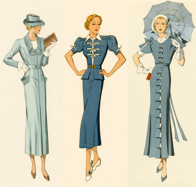 Late 1930's fashion. Women wore long sleek suits with feminine adornments such as bows and ribbons. Image source: http://www.missmoss.co.za/2010/08/05/1930s-fashion/