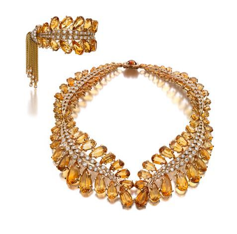    A Citrine, Diamond and Gold Demi-Parure, Pierre Sterlé.   &nbsp;Comprising a necklace and bracelet, the graduated necklace designed as a wreath of leaves set with pear-shaped citrines, the spines set with single-cut and round diamonds, the bracele