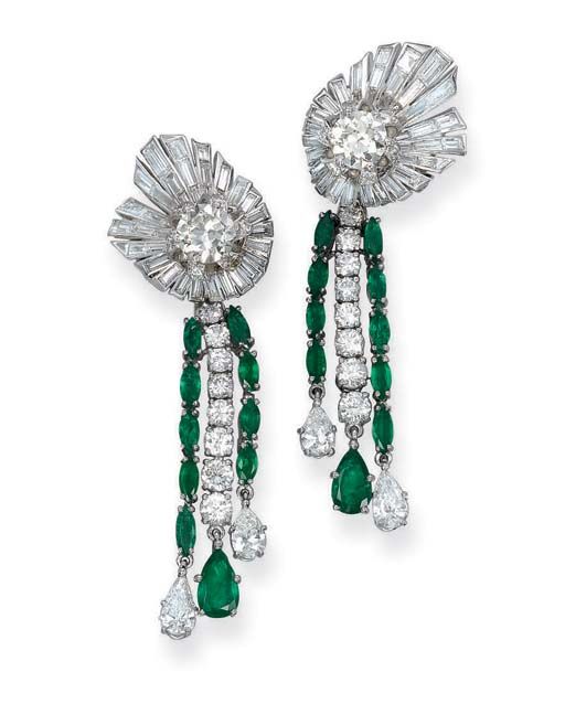    A Pair of Emerald and Diamond Ear Pendants, by Pierre&nbsp;Sterlé   
