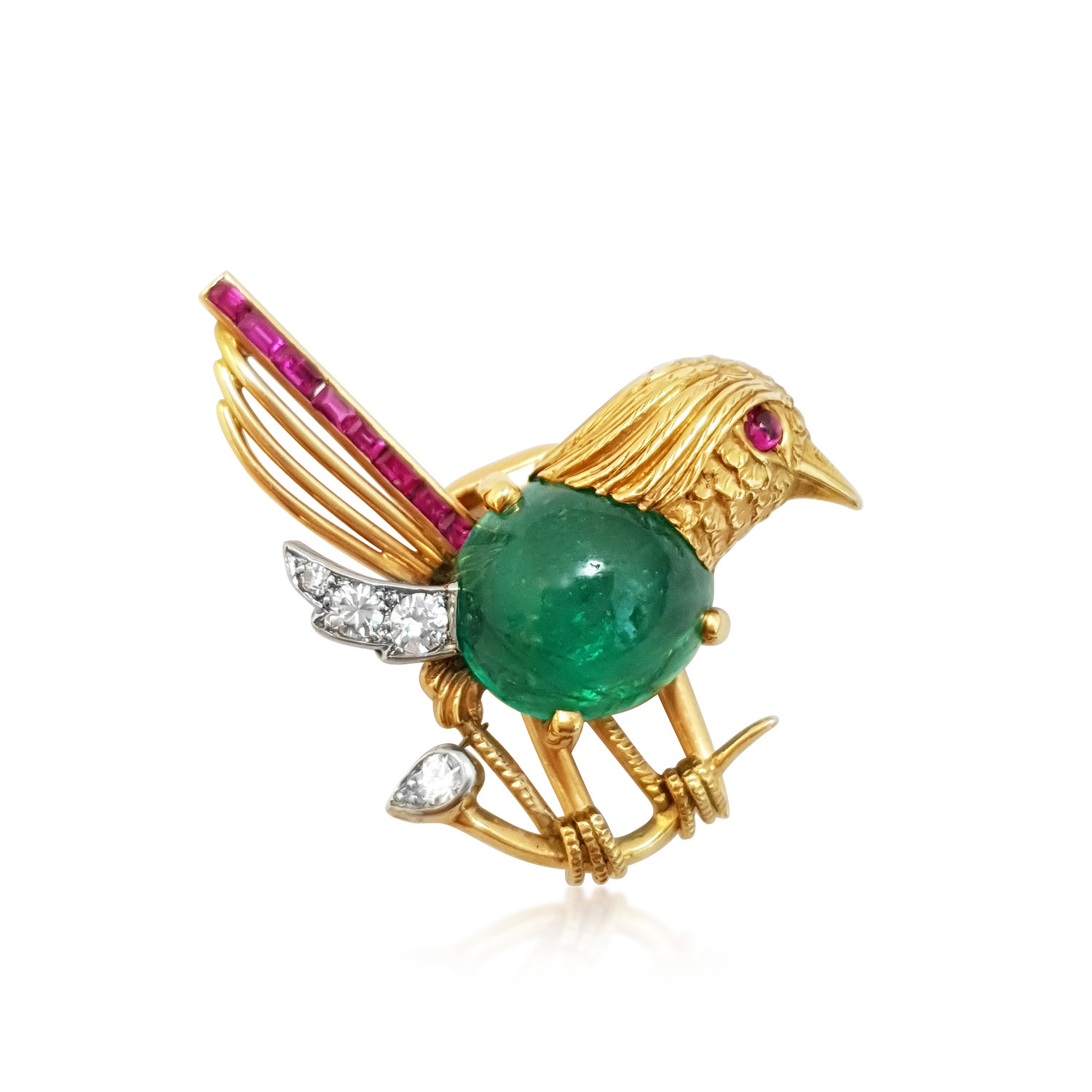 A RETRO EMERALD CABOCHON AND DIAMOND BIRD BROOCH, BY CARTIER