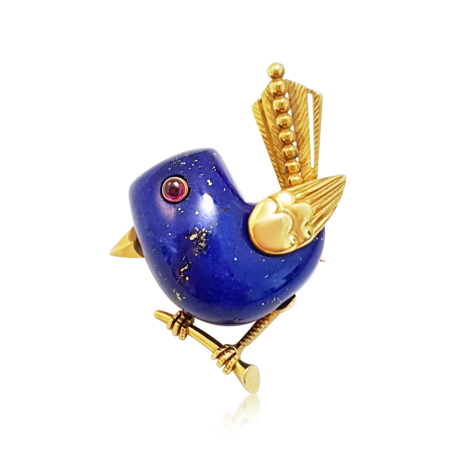 A RETRO LAPIS LAZULI AND RUBY BIRD BROOCH, BY CARTIER