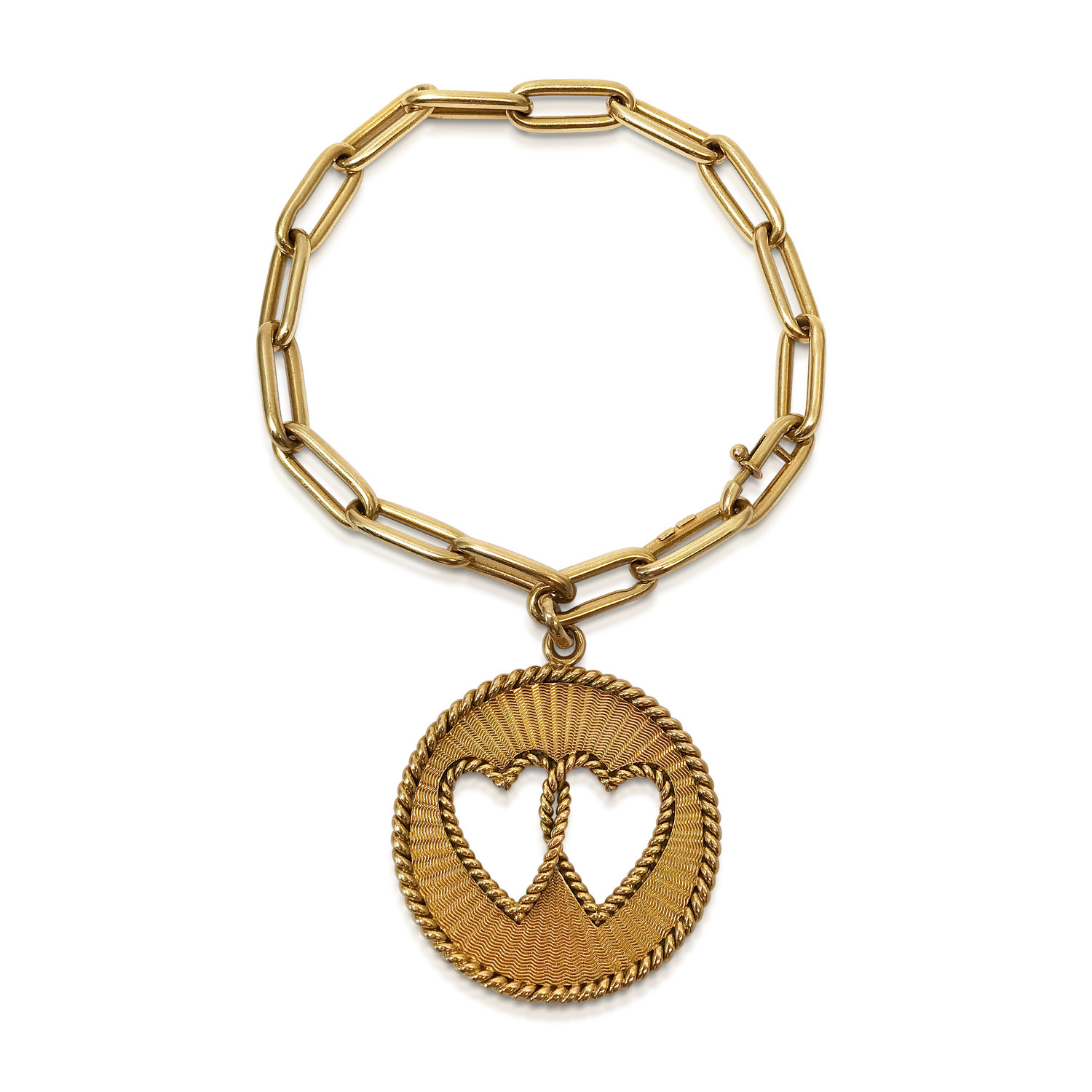 A RETRO 18K GOLD DOUBLE HEART CHARM BRACELET 