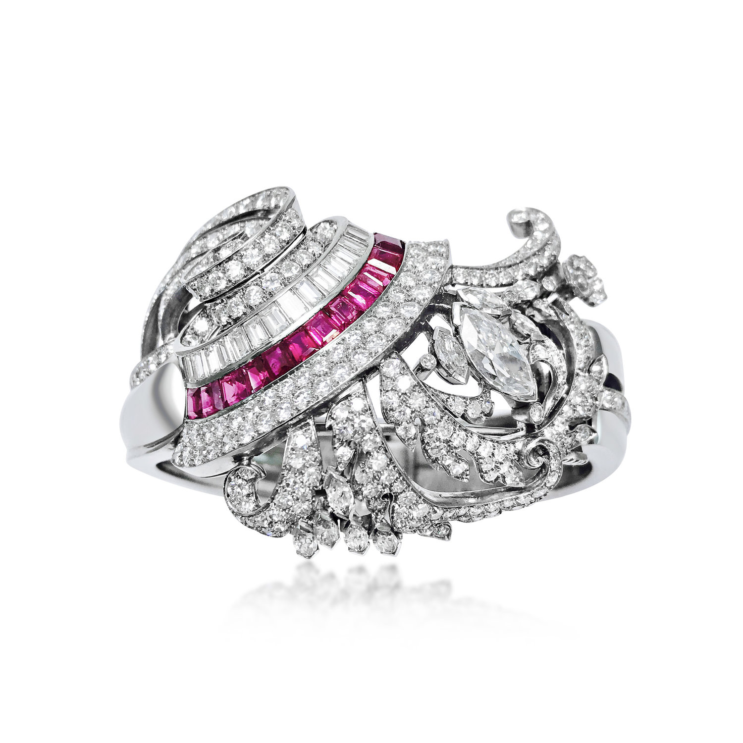 A PLATINUM RUBY AND DIAMOND BANGLE BRACELET  