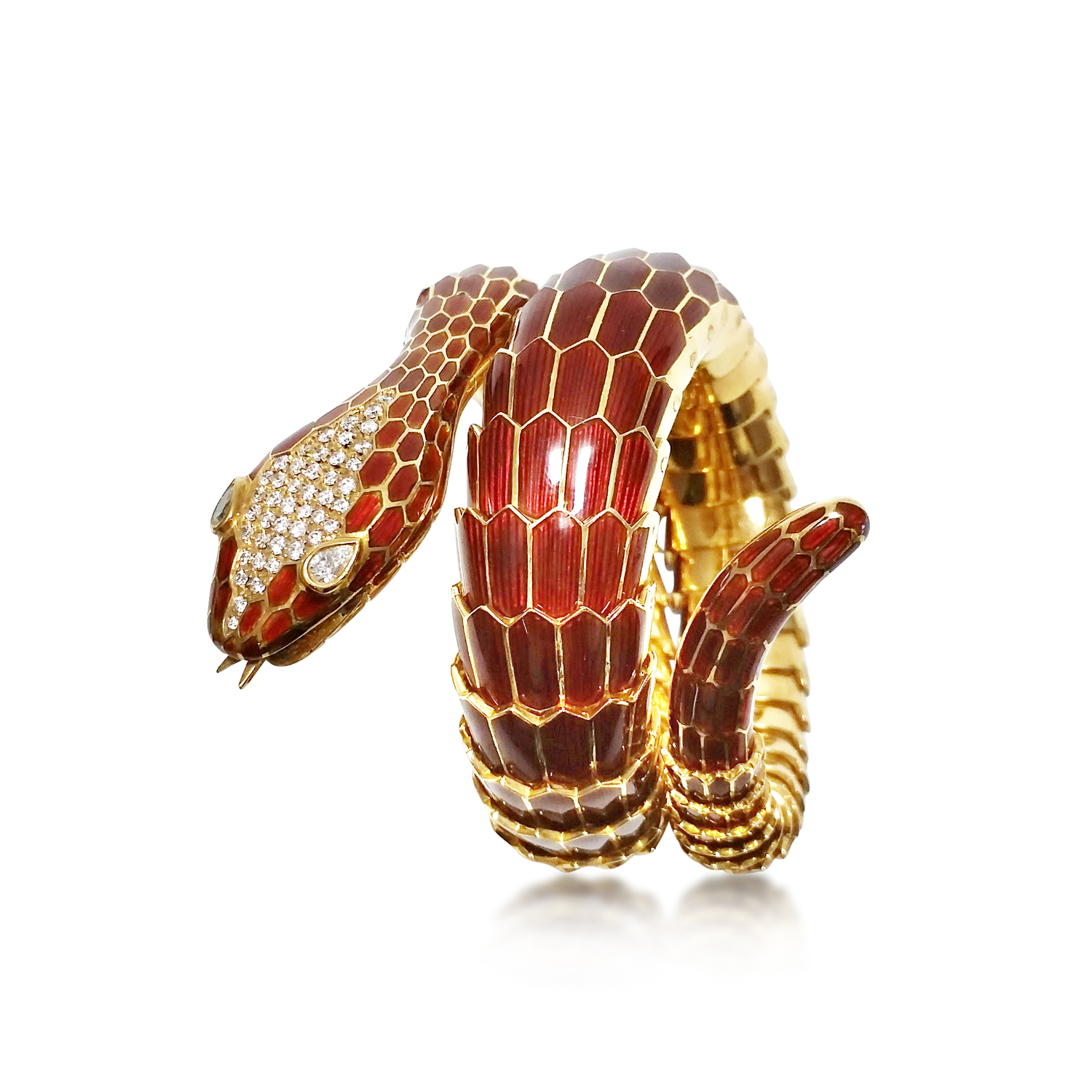 A RED ENAMEL 18K GOLD COILED SERPENT BRACELET, BY ILLARIO - SOLD