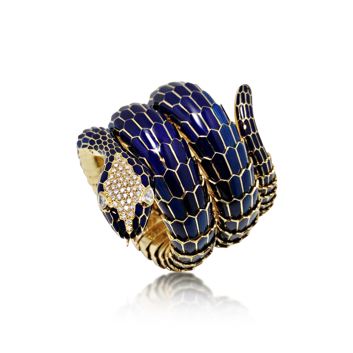 A BLUE ENAMEL AND GOLD SNAKE BANGLE  