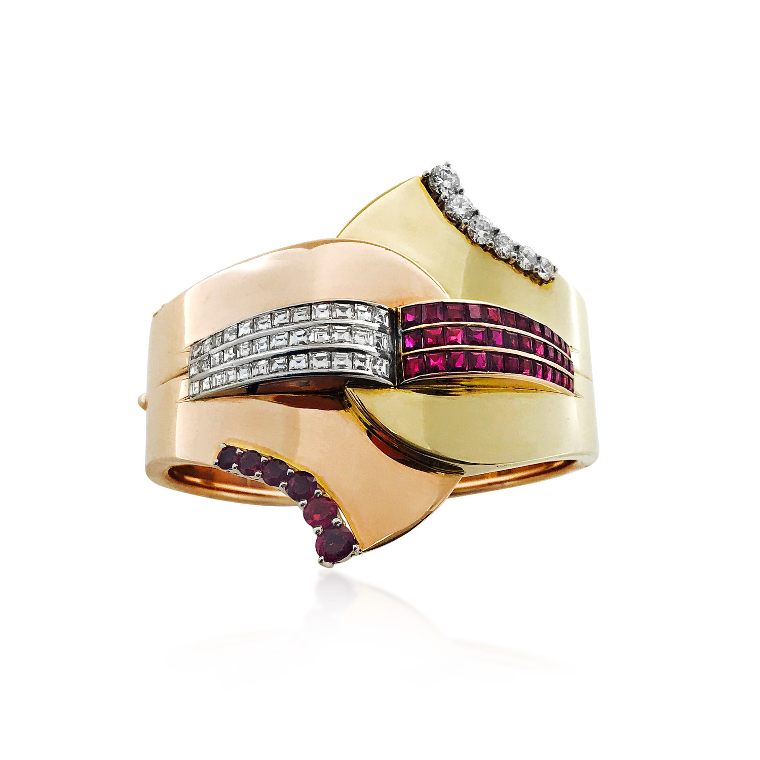 A 14K RETRO RUBY AND DIAMOND BANGLE 