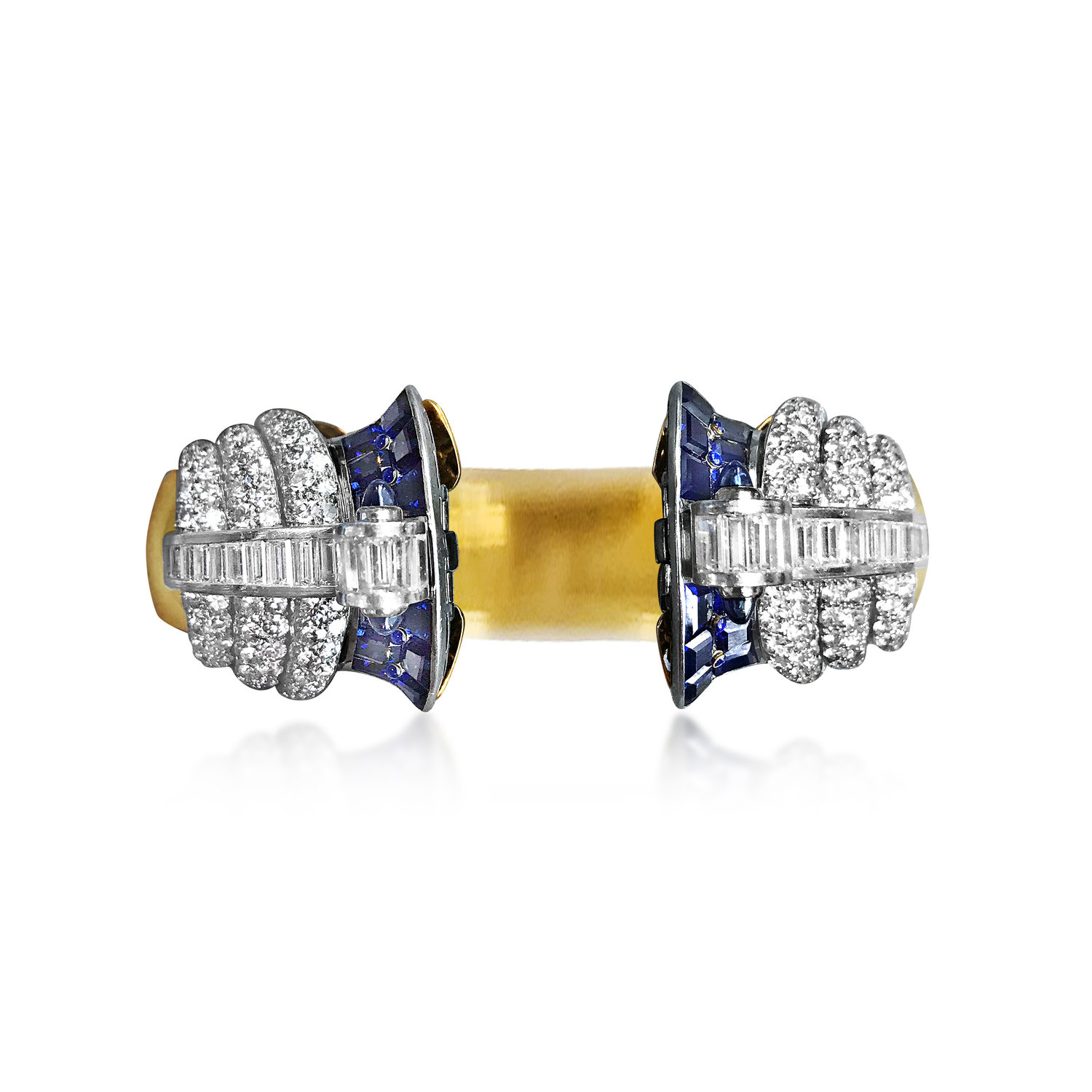 A GOLD AND DIAMOND SAPPHIRE DOUBLE CLIP BROOCH AND BANGLE  