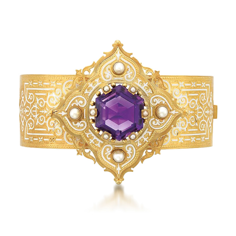 An Antique Amethyst Pearl Enamel and Gold Bangle Bracelet circa late 19th Century - SOLD
