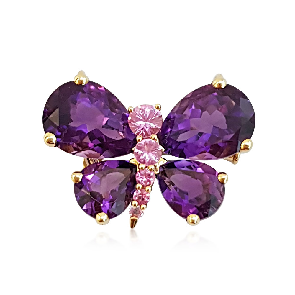 AN AMETHYST AND PINK SAPPHIRE BUTTERFLY BROOCH, BY VAN CLEEF &amp; ARPELS - SOLD