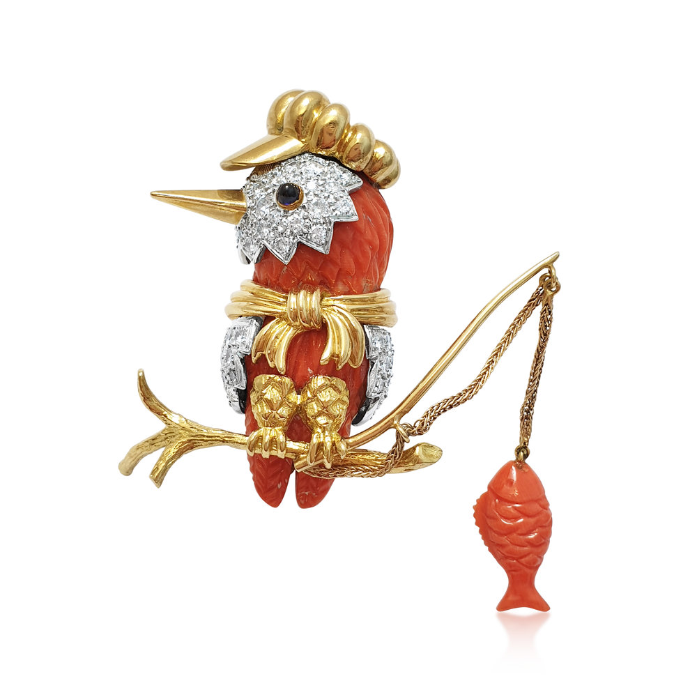 A CORAL, DIAMOND AND GOLD 'KINGFISHER' BROOCH, BY DONALD CLAFLIN, TIFFANY &amp; CO.